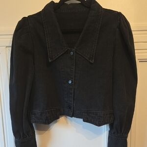 Women's Black Puffed Sleeves Boxy Cropped Denim Jacket Medium